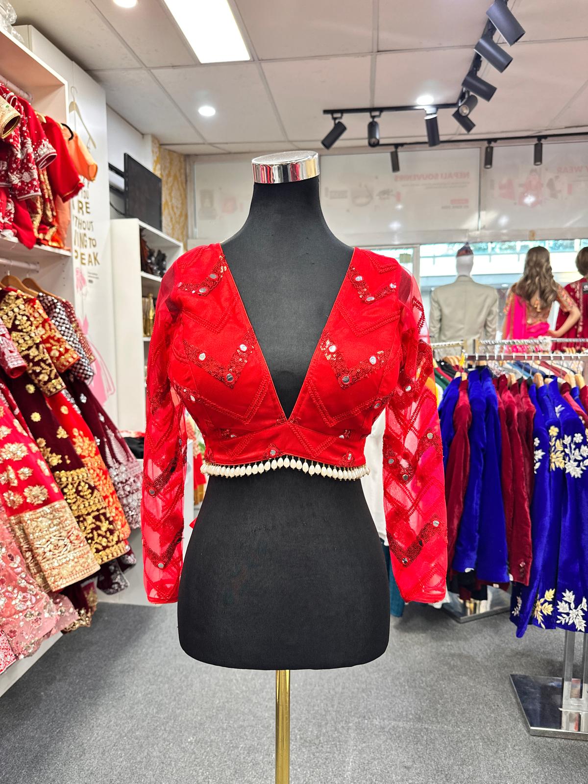 Party Wear Deep Cut Blouse Red